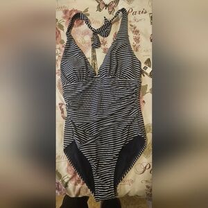 Striped Navy and White One Piece Swimsuit